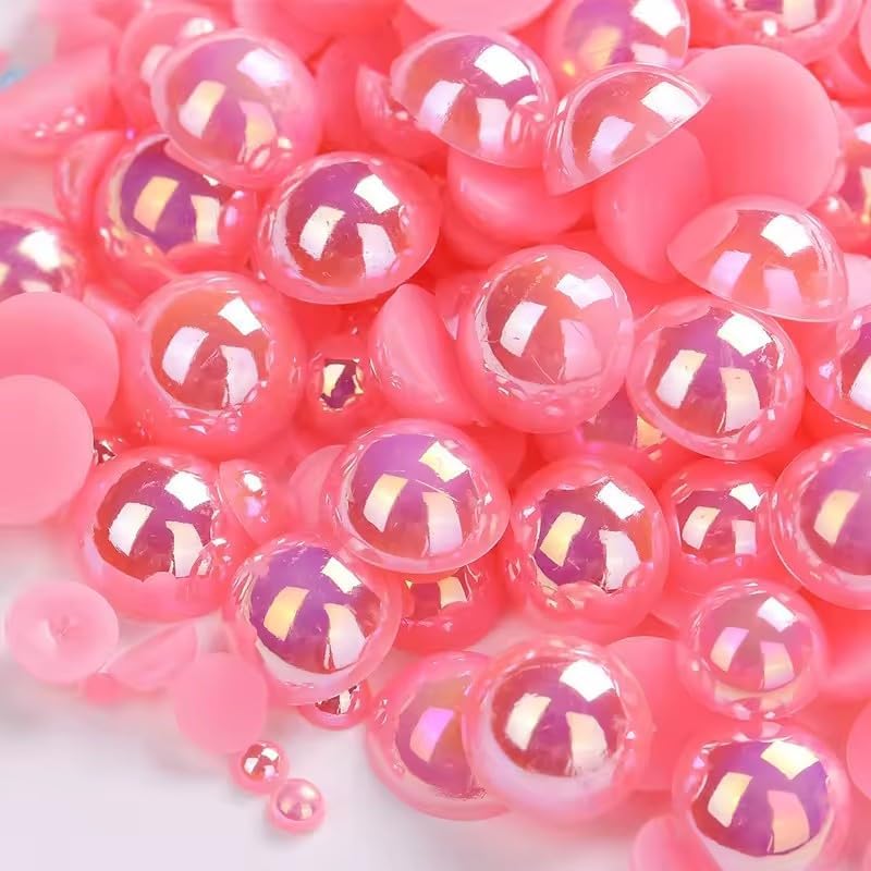 VADQZA 1000PCS Mixed Sizes 3/4/5/6/8/10mm Flatback Half Round Pearls Gems for Crafting, AB Color Pearl Beads Stones for Crafts Jewelry Clothes Shoes Dress Nail Art Making Embellishments (Deep Pink AB) - Image 1